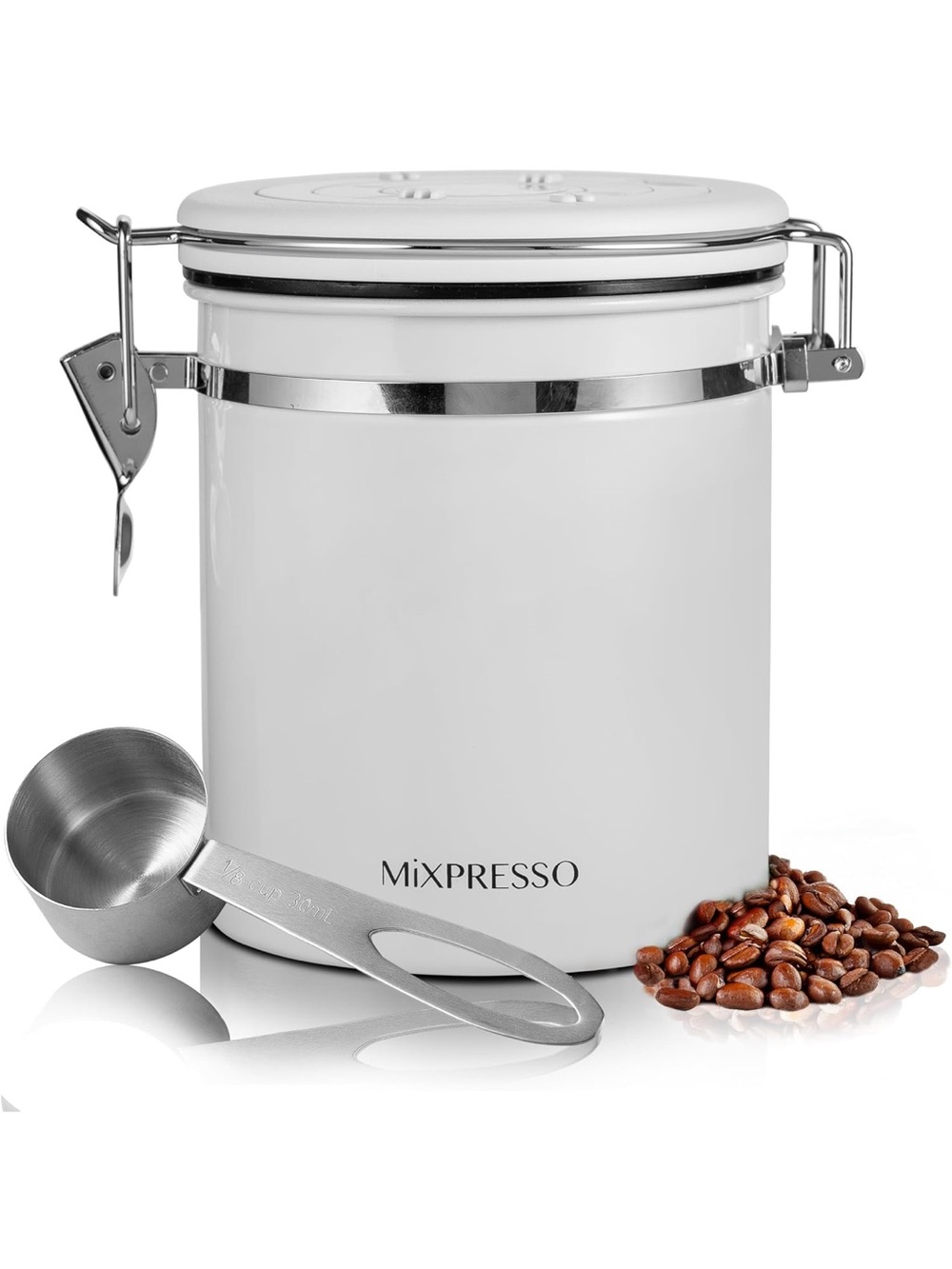 White Airtight Coffee Canister with Stainless Clamp and Scoop